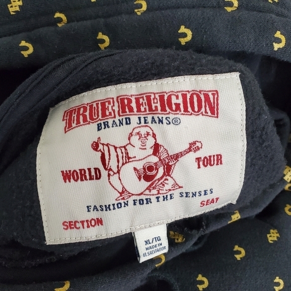 True Religion Hoodie Mens XL Black Gold Sweatshirt Monogram Pullover Streetwear - Picture 2 of 13